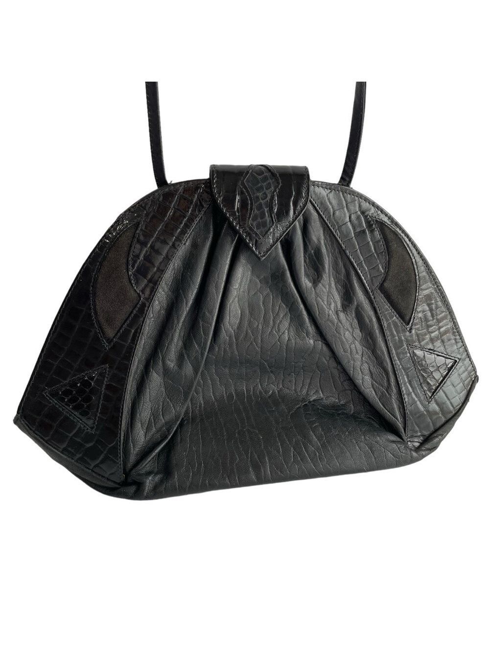Vintage Leather Handbag Black Textured Diamond Shape Shoulder Bag Purse GUC